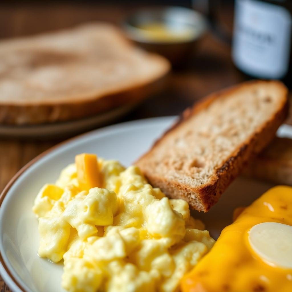 Scrambled Eggs with Mild Cheddar and Whole Wheat Toast Scrambled Eggs with Mild Cheddar and Whole Wheat Toast