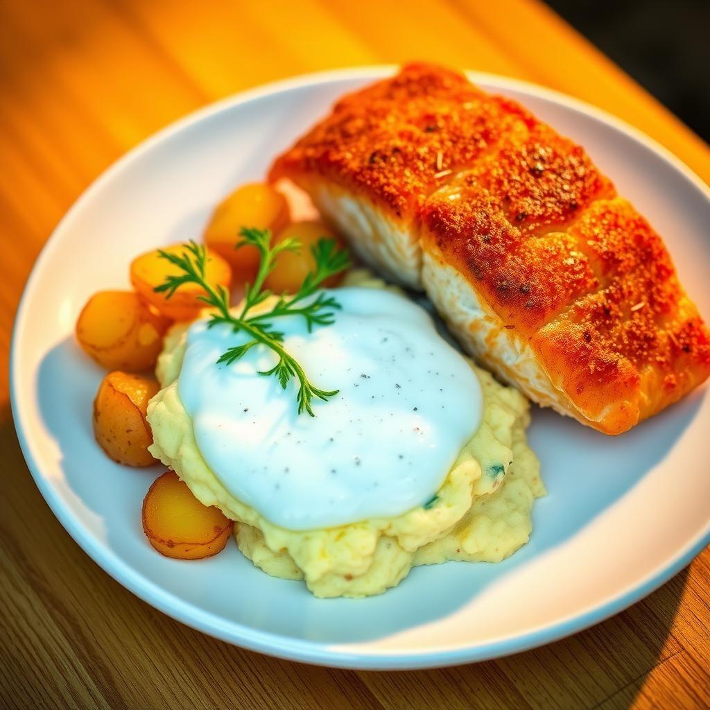 Crispy Skin Salmon with Garlic Smashed Potatoes & Dill Sauce Crispy Skin Salmon with Garlic Smashed Potatoes & Dill Sauce