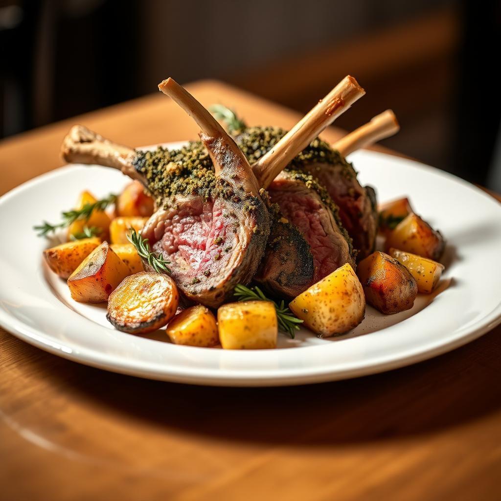 Herb-Crusted Rack of Lamb with Rosemary Roasted Potatoes Herb-Crusted Rack of Lamb with Rosemary Roasted Potatoes