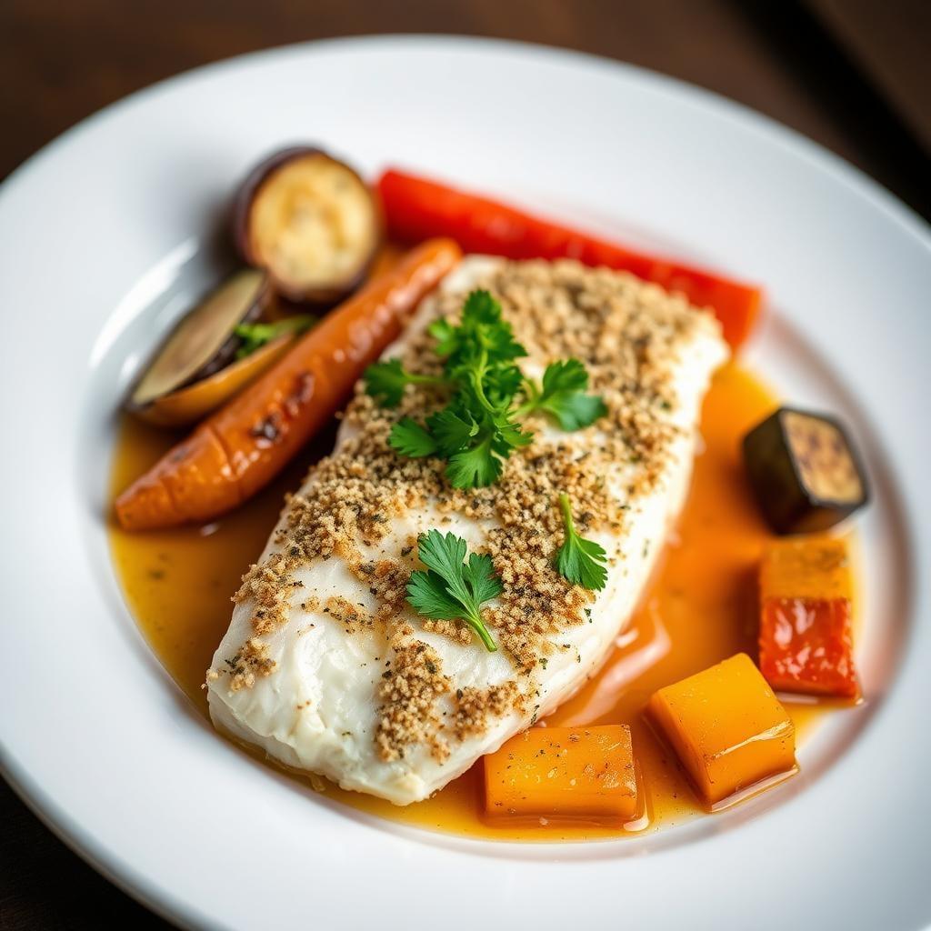 Herb-Crusted Baked Cod with Roasted Vegetables Herb-Crusted Baked Cod with Roasted Vegetables