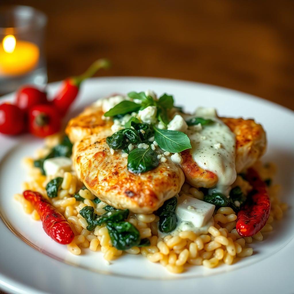 Pan-Seared Chicken Thighs with Creamy Spinach and Feta Sauce over Lemon-Garlic Orzo and Roasted Peppers Pan-Seared Chicken Thighs with Creamy Spinach and Feta Sauce over Lemon-Garlic Orzo and Roasted Peppers