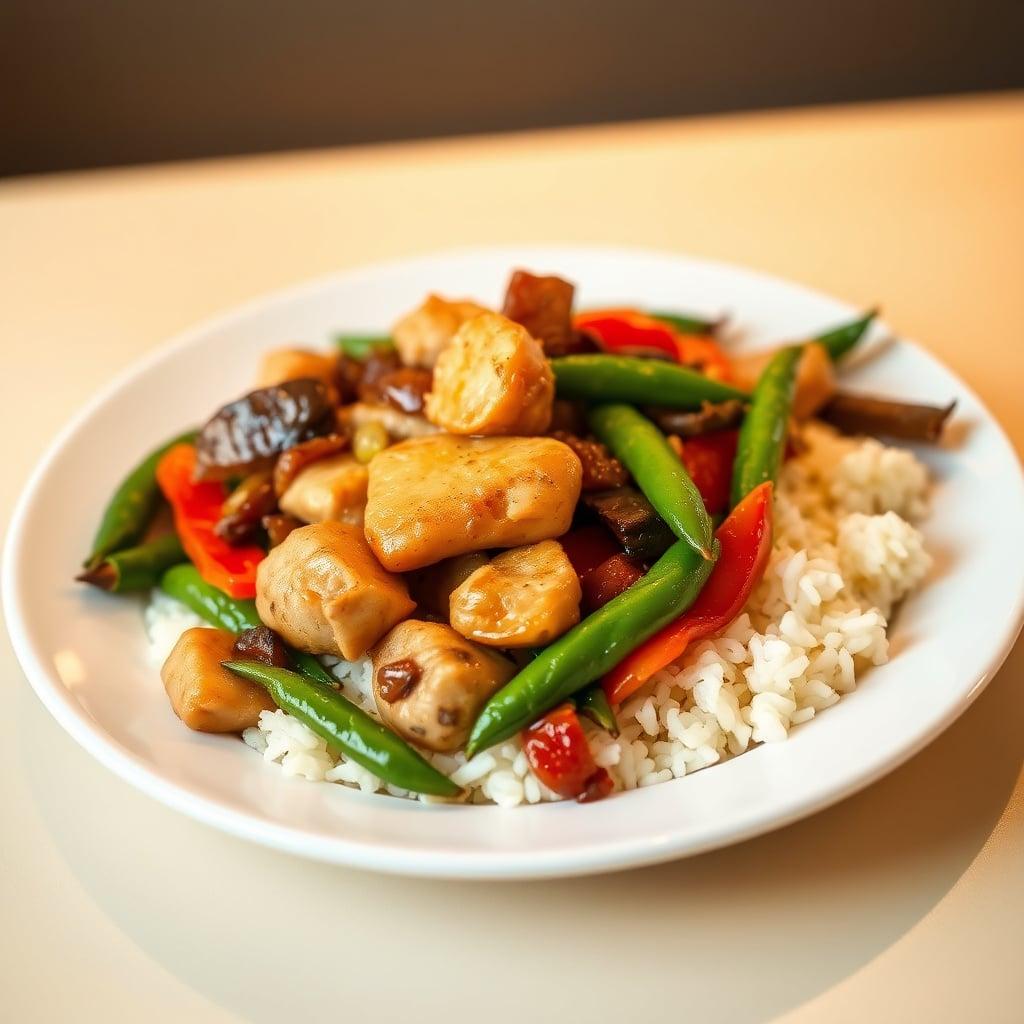 Ginger-Garlic Chicken Stir-Fry with Crispy Snow Peas, Bell Peppers, and Fragrant Jasmine Rice Ginger-Garlic Chicken Stir-Fry with Crispy Snow Peas, Bell Peppers, and Fragrant Jasmine Rice