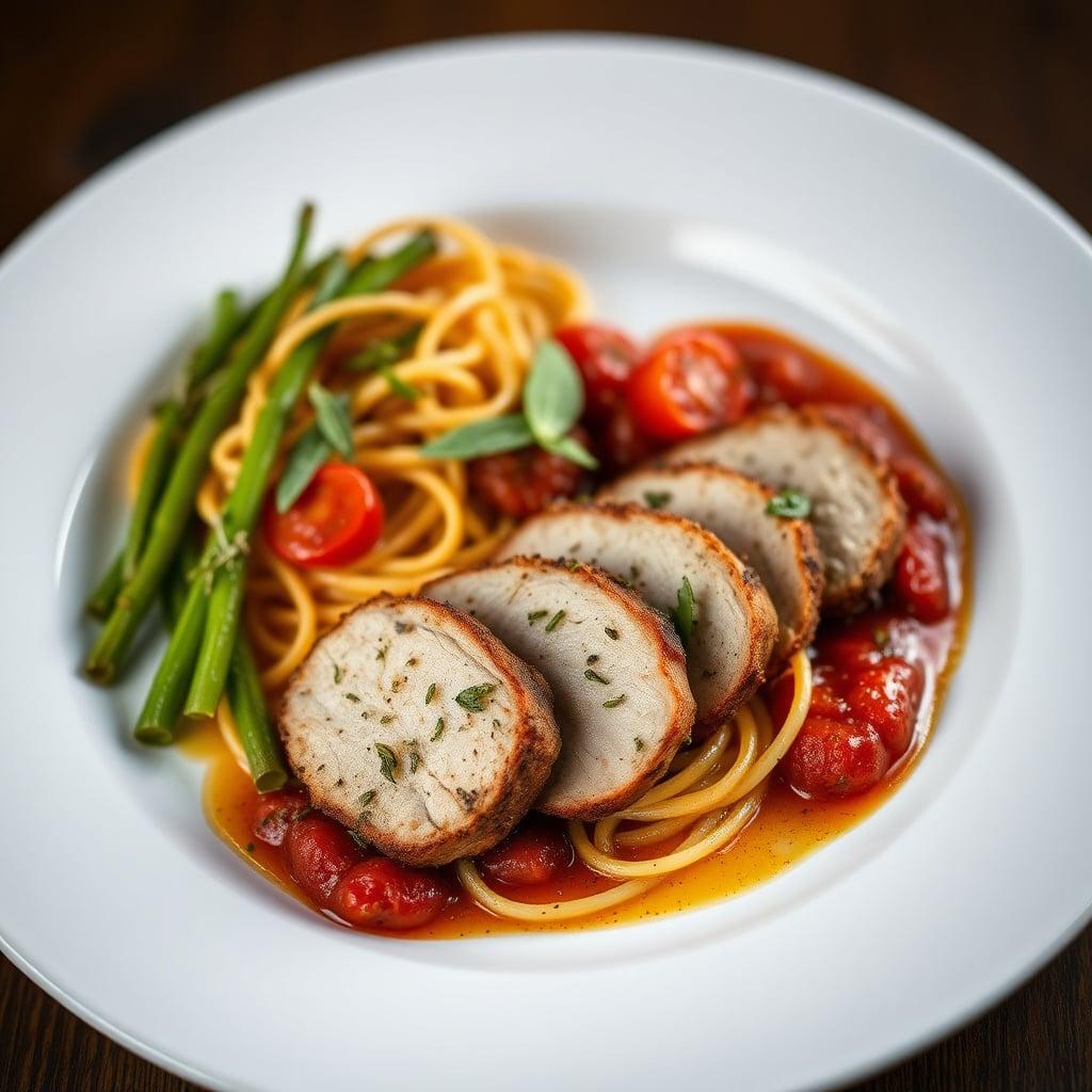Herb-Crusted Pork Tenderloin with Roasted Spaghetti Squash and Cherry Tomato Ragout Herb-Crusted Pork Tenderloin with Roasted Spaghetti Squash and Cherry Tomato Ragout