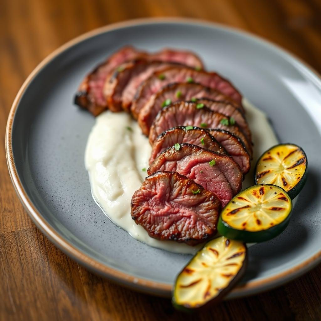 Chipotle-Marinated Flank Steak with Roasted Zucchini and Cauliflower Purée Chipotle-Marinated Flank Steak with Roasted Zucchini and Cauliflower Purée