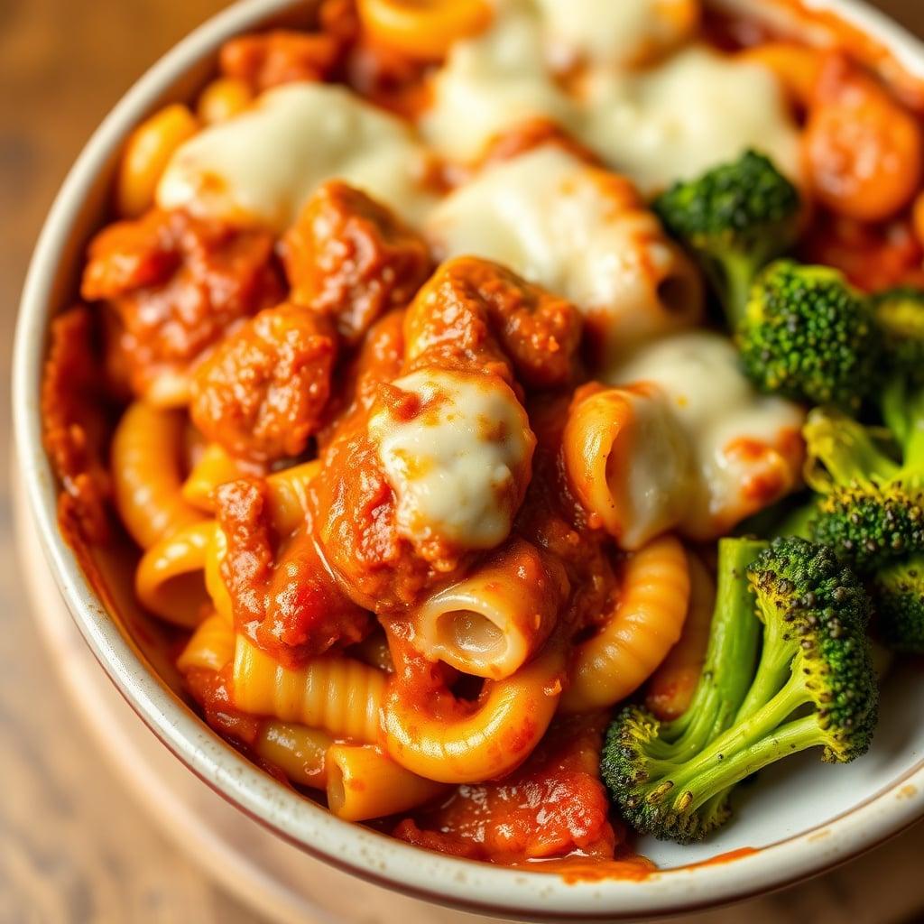 Cheesy Baked Rigatoni with Zesty Italian Sausage and Garlic-Roasted Broccoli