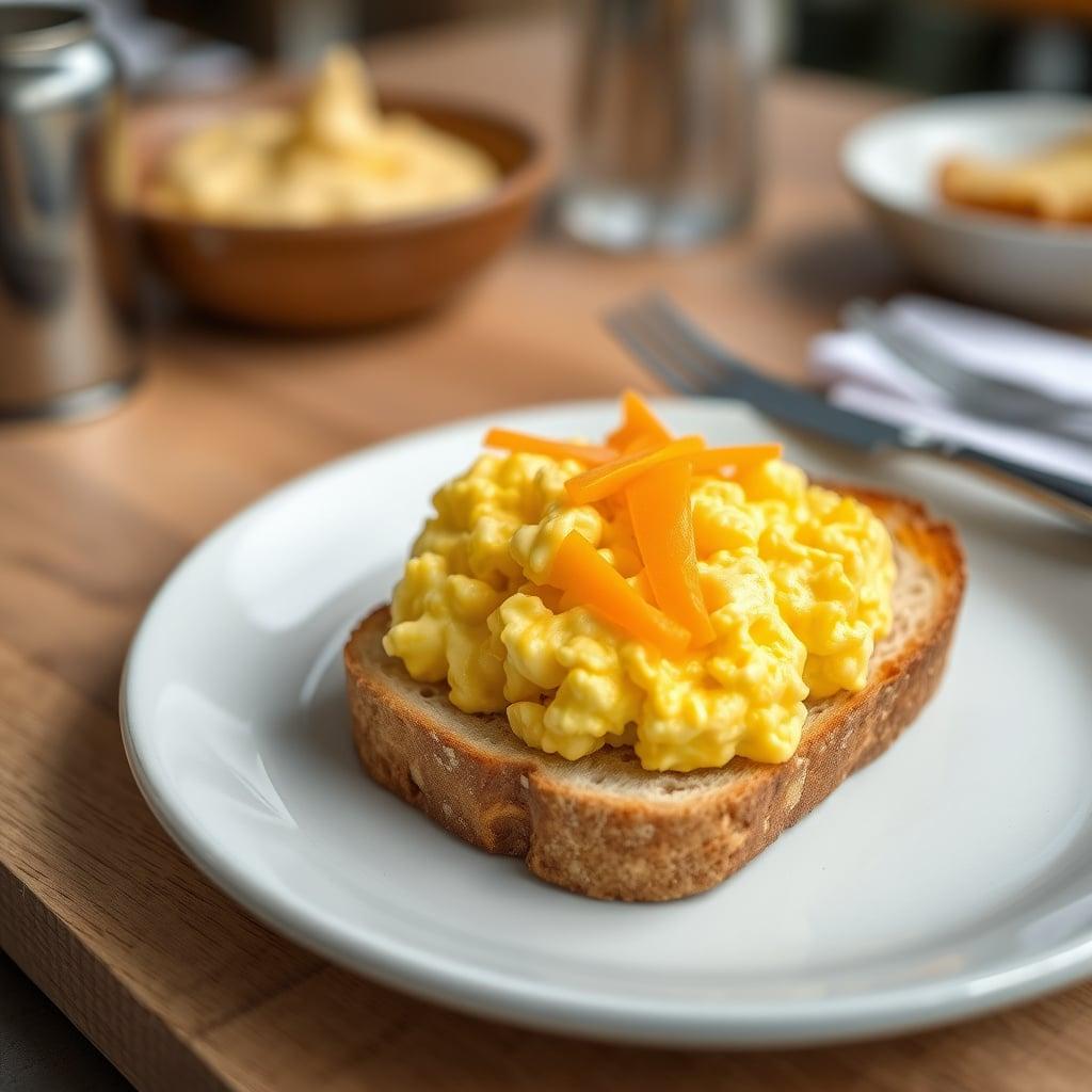 Scrambled Eggs with Cheddar on Sourdough Scrambled Eggs with Cheddar on Sourdough