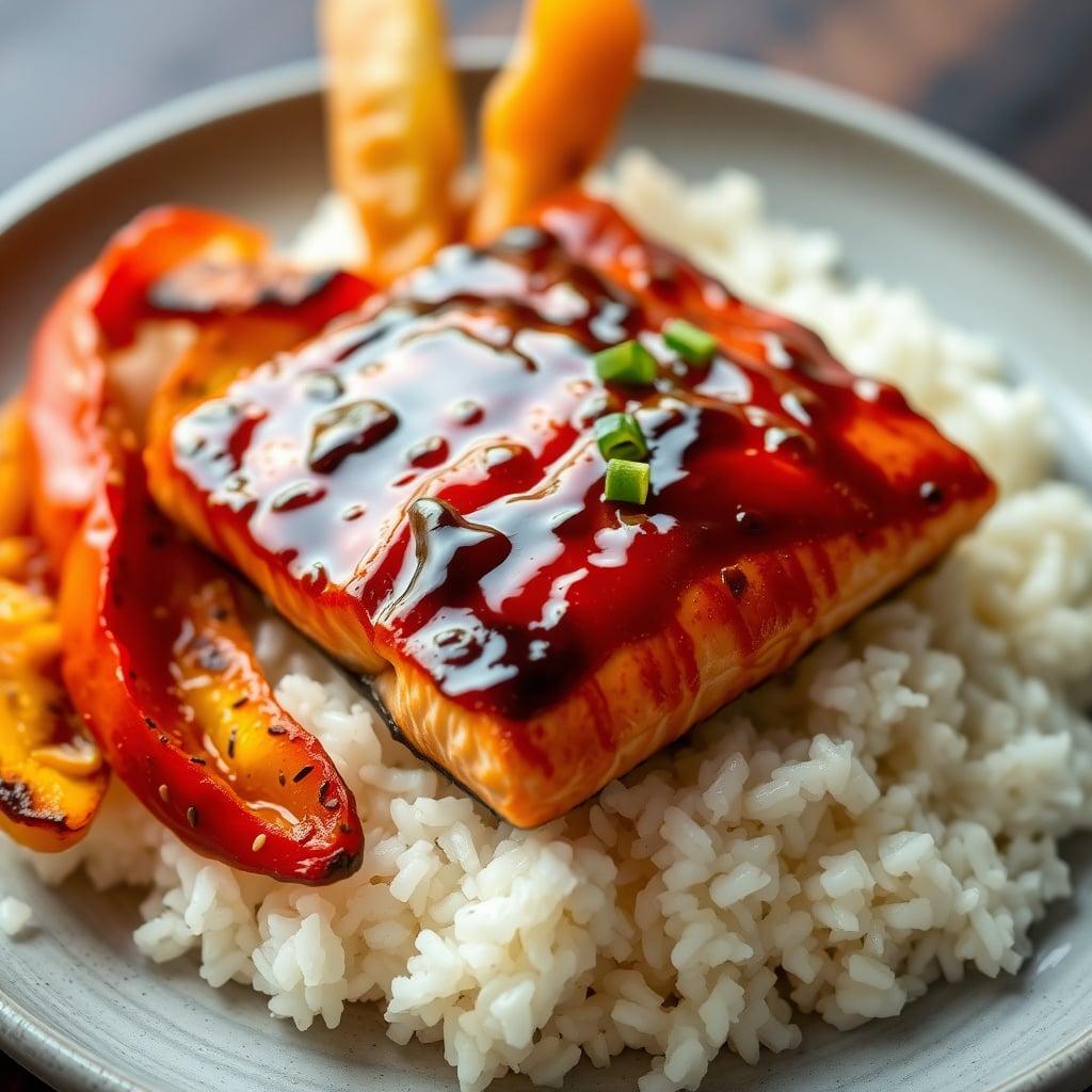 Miso-Ginger Glazed Salmon with Fragrant Coconut-Lime Rice and Sesame-Blistered Bell Peppers Miso-Ginger Glazed Salmon with Fragrant Coconut-Lime Rice and Sesame-Blistered Bell Peppers