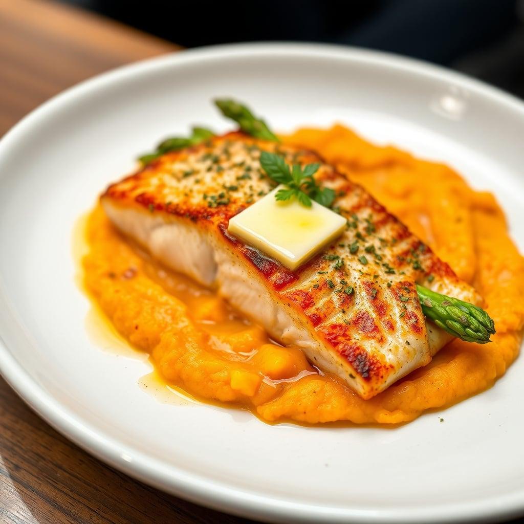 Garlic-Butter Basted Salmon with Creamy Sweet Potato Mash and Asparagus Garlic-Butter Basted Salmon with Creamy Sweet Potato Mash and Asparagus
