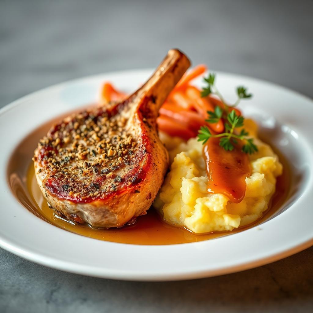 Herb-Crusted Pork Chops with Garlic Mashed Potatoes & Honey Glazed Carrots Herb-Crusted Pork Chops with Garlic Mashed Potatoes & Honey Glazed Carrots