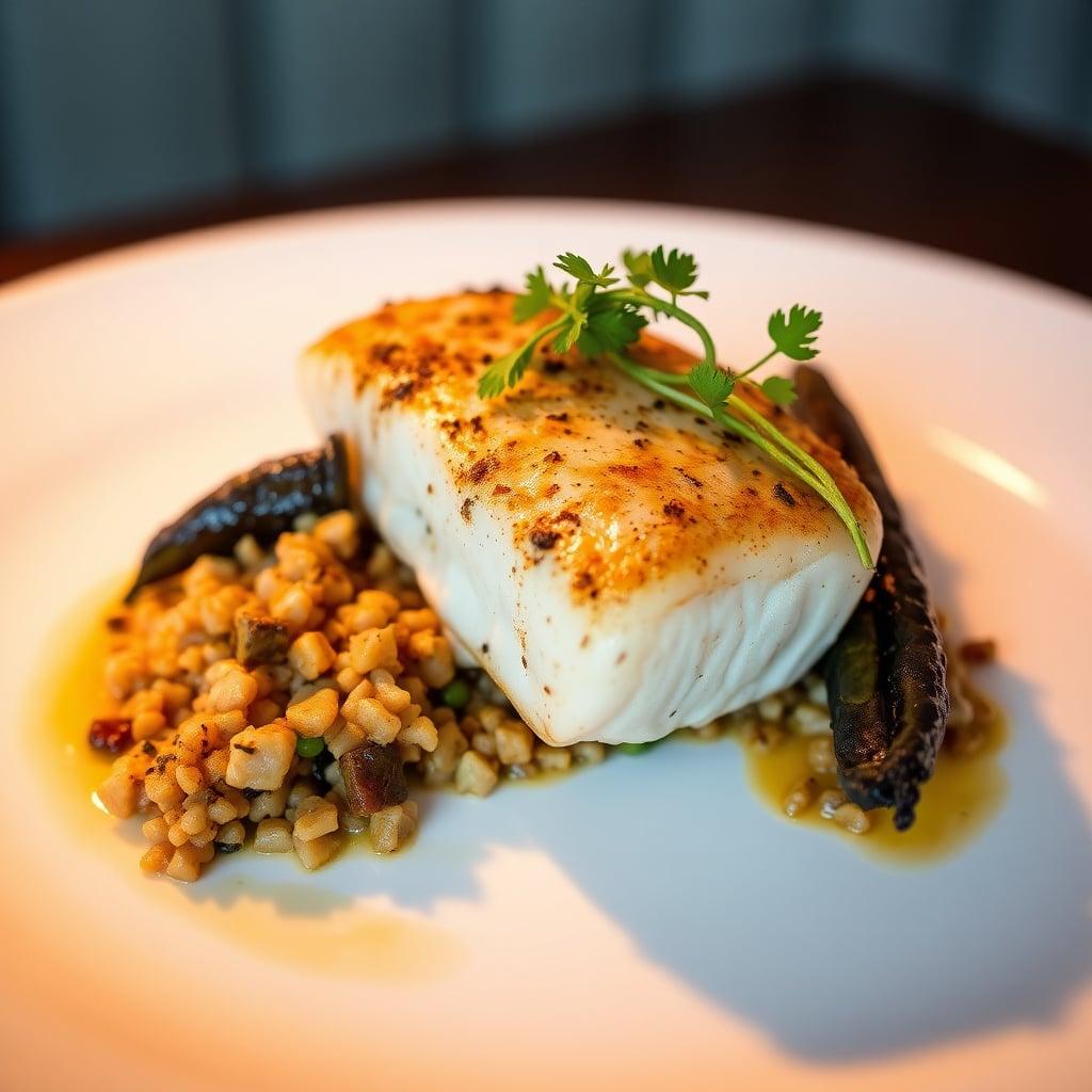 Blackened Mahi-Mahi with Cajun Dirty Farro and Charred Okra