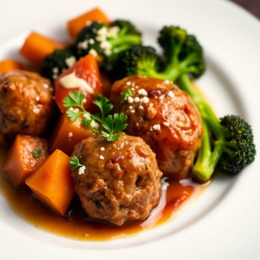 Italian-Style Pork Meatballs with Honey-Glazed Yams and Parmesan Broccoli