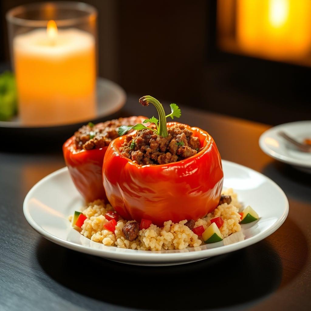 Moroccan Spiced Ground Beef Stuffed Bell Peppers with Citrus Couscous and Romaine Salad Moroccan Spiced Ground Beef Stuffed Bell Peppers with Citrus Couscous and Romaine Salad