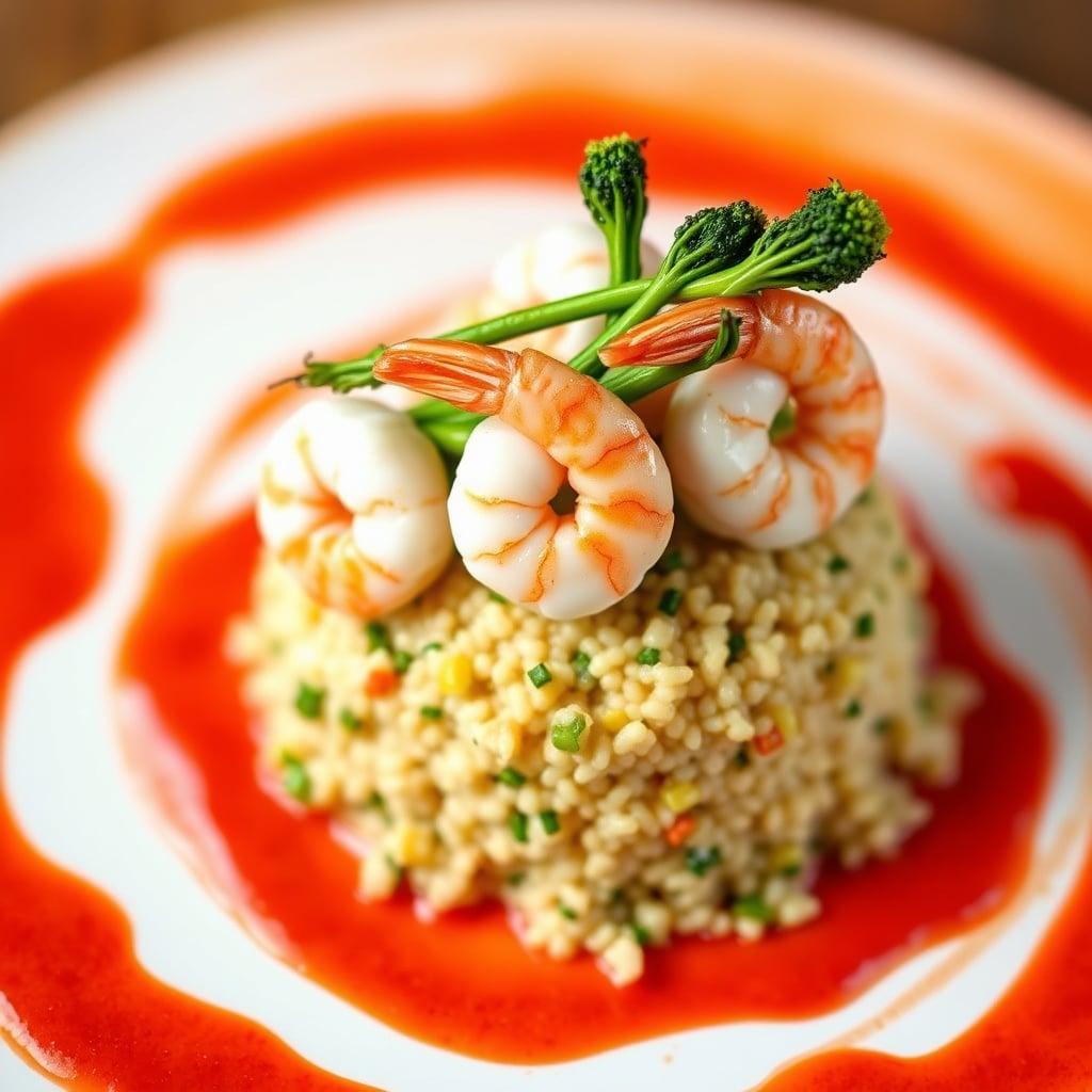 Chilled Poached Shrimp and Quinoa Salad with Roasted Red Pepper Coulis and Charred Broccolini