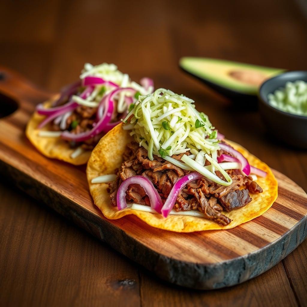 Chipotle-Braised Beef Tostadas with Pickled Red Onions and Lime-Cabbage Slaw