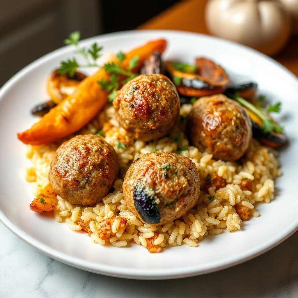 Greek-Style Turkey Meatballs with Lemony Orzo and Roasted Vegetables Greek-Style Turkey Meatballs with Lemony Orzo and Roasted Vegetables