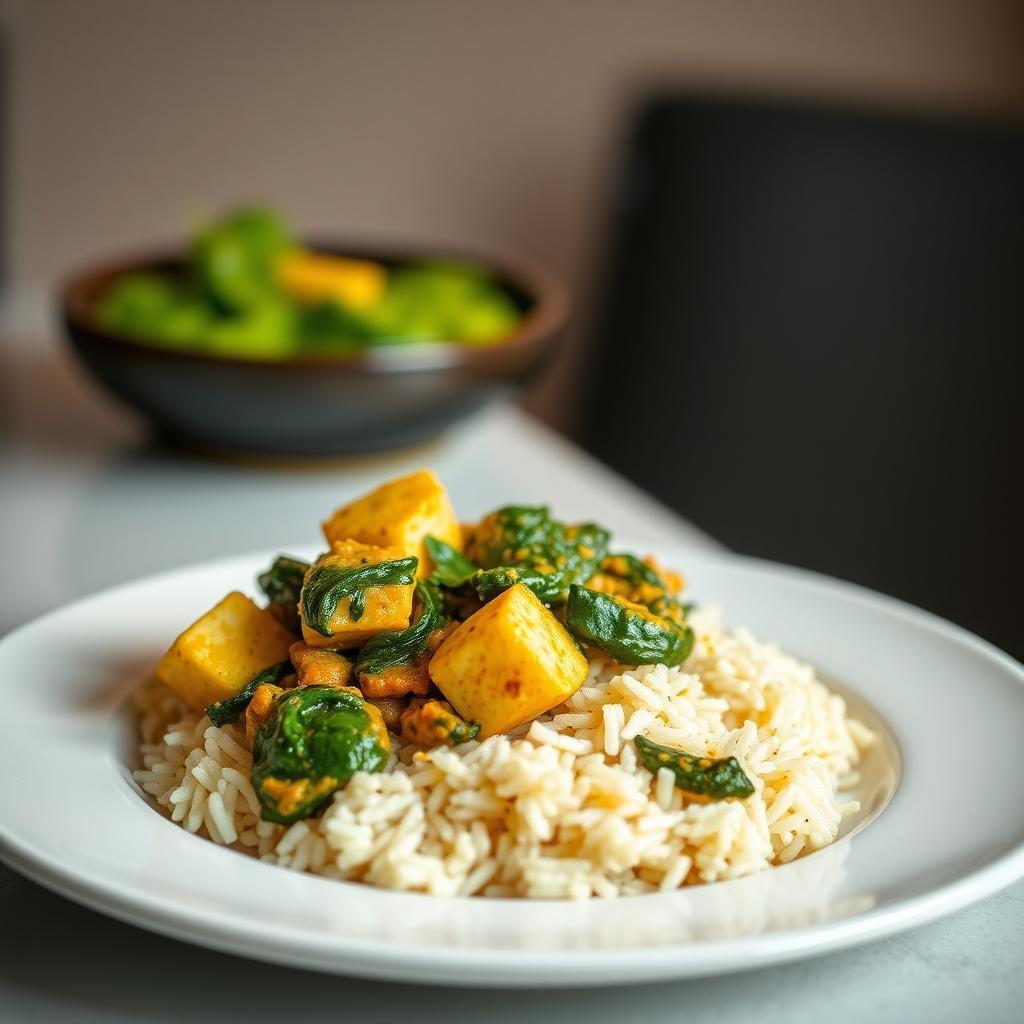 Spinach Paneer Curry with Cumin Rice Spinach Paneer Curry with Cumin Rice
