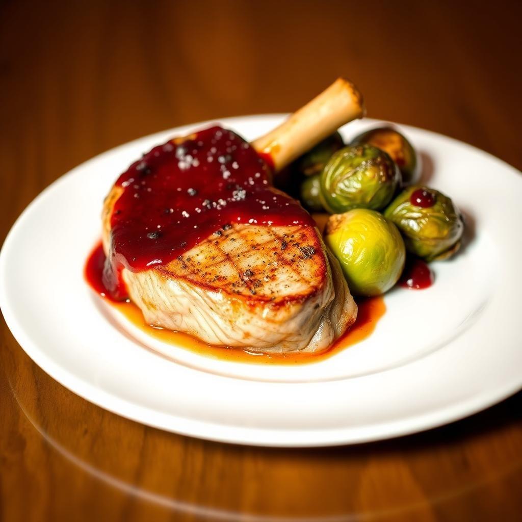 Seared Pork Chop with Cranberry-Red Wine Sauce & Roasted Brussels Sprouts Seared Pork Chop with Cranberry-Red Wine Sauce & Roasted Brussels Sprouts