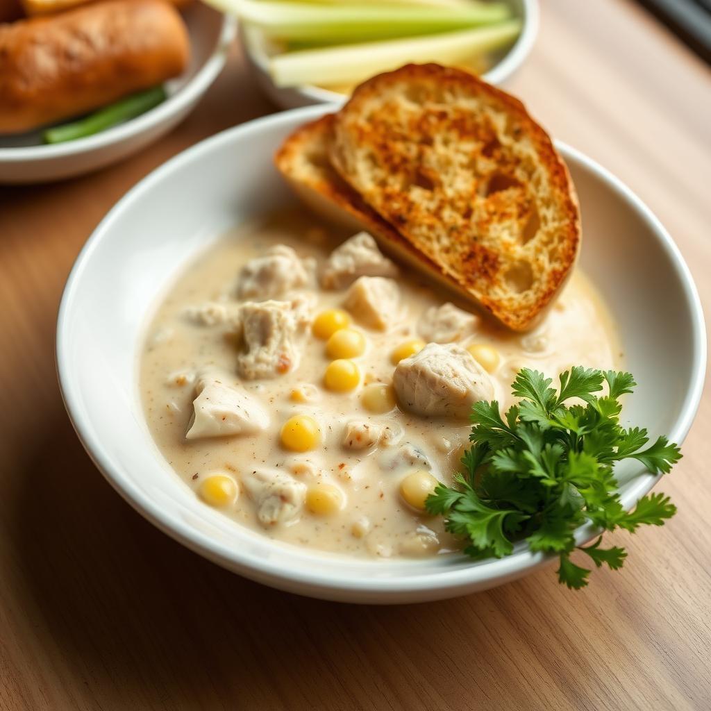 Creamy Chicken & Corn Chowder with Cheesy Garlic Bread Creamy Chicken & Corn Chowder with Cheesy Garlic Bread