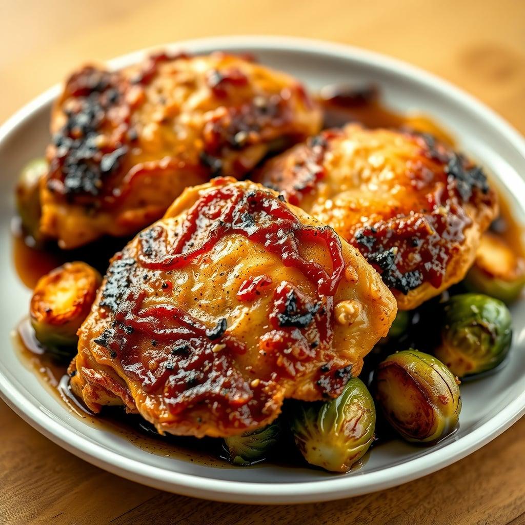 Pan-Seared Crispy Chicken Thighs with Balsamic-Glazed Brussels Sprouts Pan-Seared Crispy Chicken Thighs with Balsamic-Glazed Brussels Sprouts