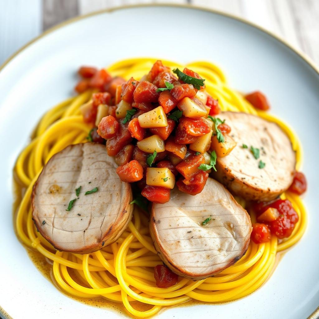 Herb-Roasted Pork Tenderloin with Artichoke Caponata and Spaghetti Squash Herb-Roasted Pork Tenderloin with Artichoke Caponata and Spaghetti Squash