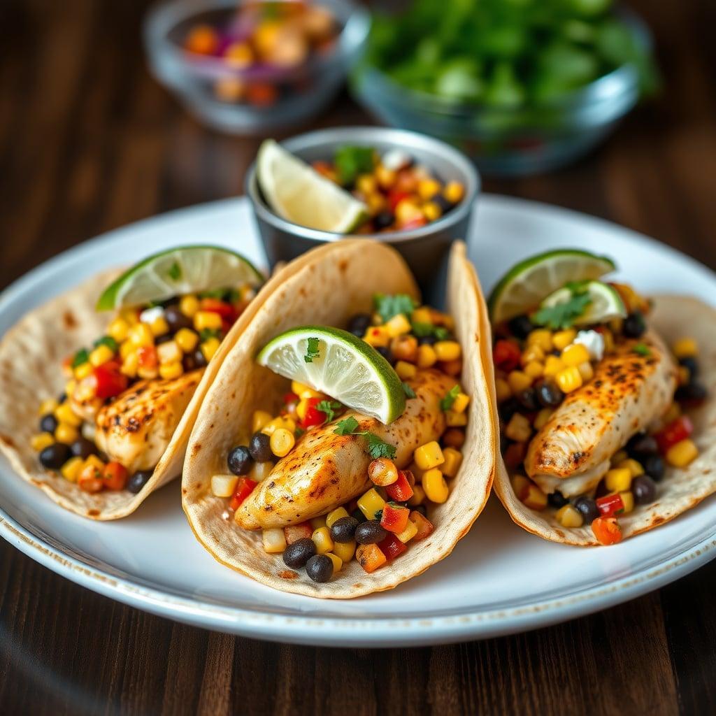 Lime-Marinated Chicken Tacos with Charred Corn and Black Bean Salad Lime-Marinated Chicken Tacos with Charred Corn and Black Bean Salad