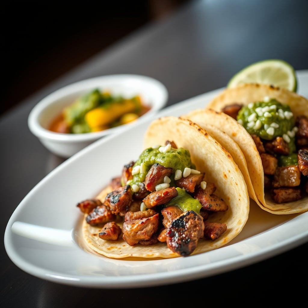 Chargrilled Carne Asada Tacos with Roasted Poblano Salsa Verde and Mexican Street Corn
