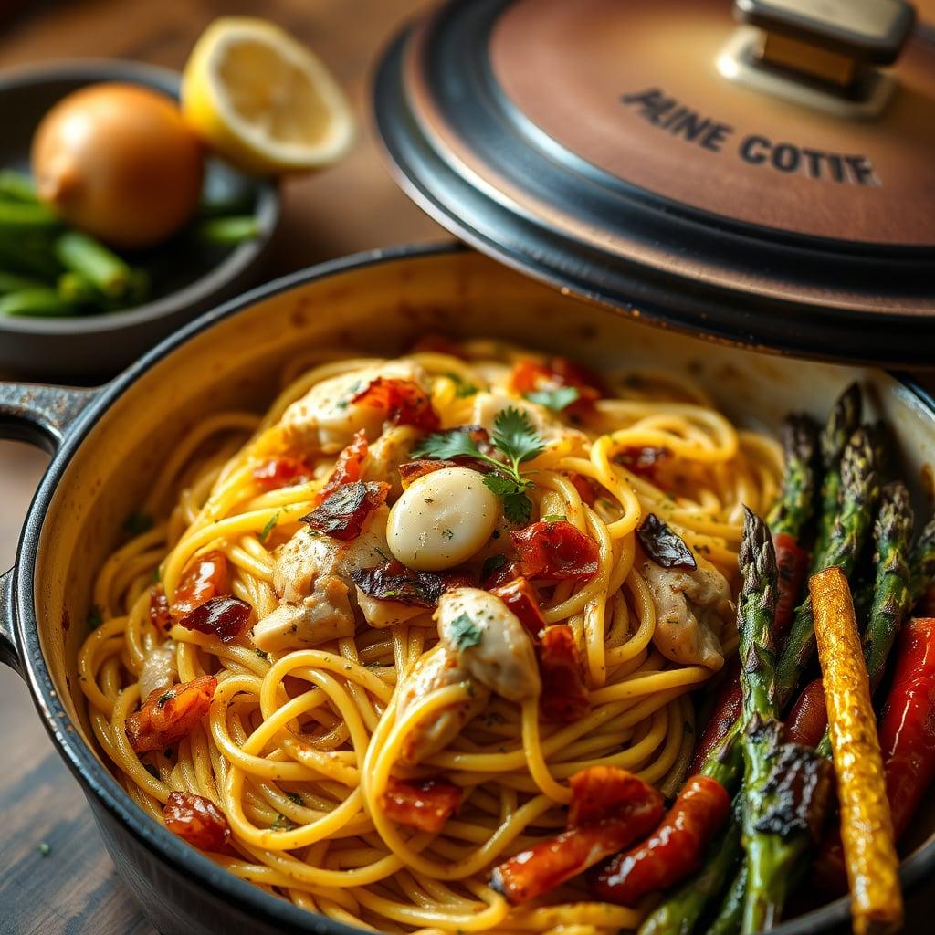 One-Pot Peppery Chicken Carbonara with Lemon-Herb Roasted Seasonal Vegetables One-Pot Peppery Chicken Carbonara with Lemon-Herb Roasted Seasonal Vegetables