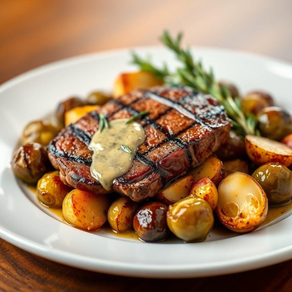 Pan-Seared Garlic Butter Steak with Rosemary Roasted Potatoes and Balsamic Glazed Brussels Sprouts Pan-Seared Garlic Butter Steak with Rosemary Roasted Potatoes and Balsamic Glazed Brussels Sprouts