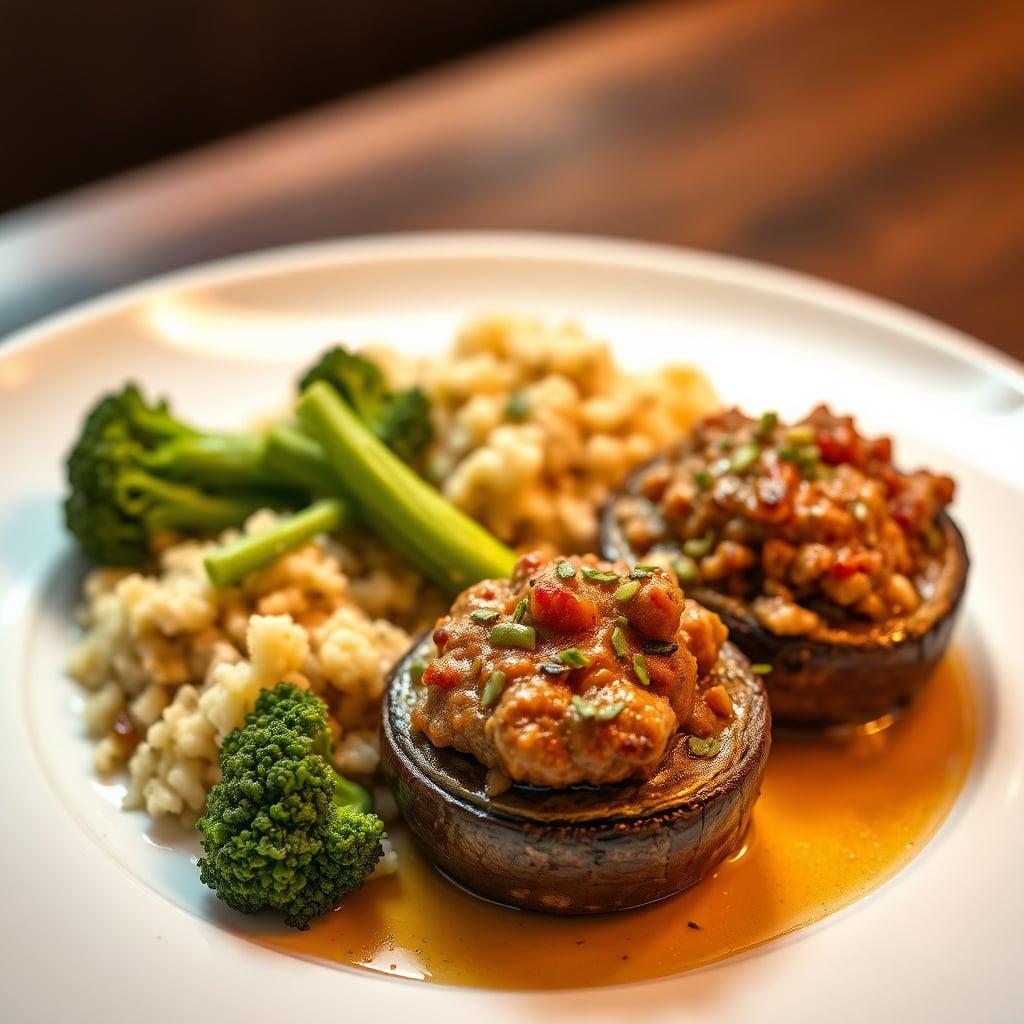 Italian Sausage-Stuffed Portobello Mushrooms with Garlic Broccoli and Herbed Cauliflower Rice Italian Sausage-Stuffed Portobello Mushrooms with Garlic Broccoli and Herbed Cauliflower Rice