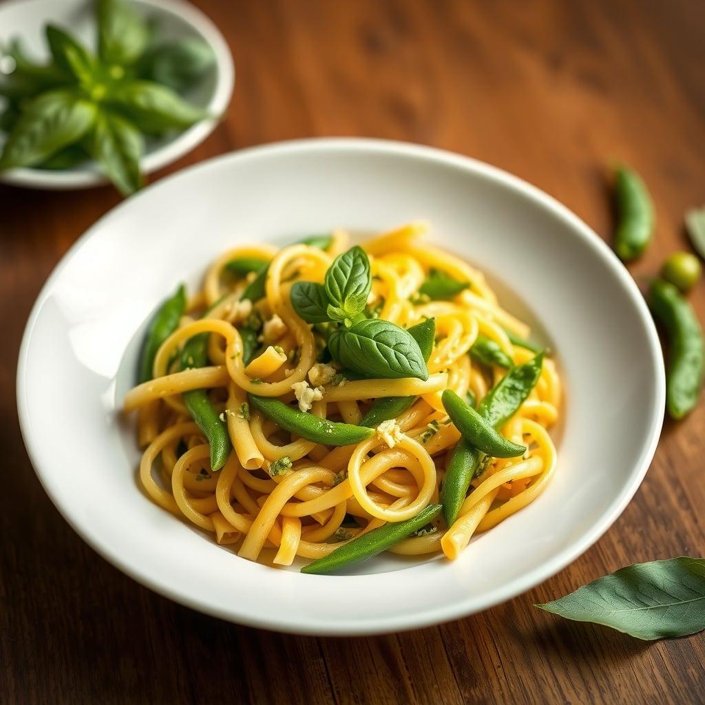 Garden-Fresh Harvest Pasta with Sweet Pea & Basil Pesto Garden-Fresh Harvest Pasta with Sweet Pea & Basil Pesto
