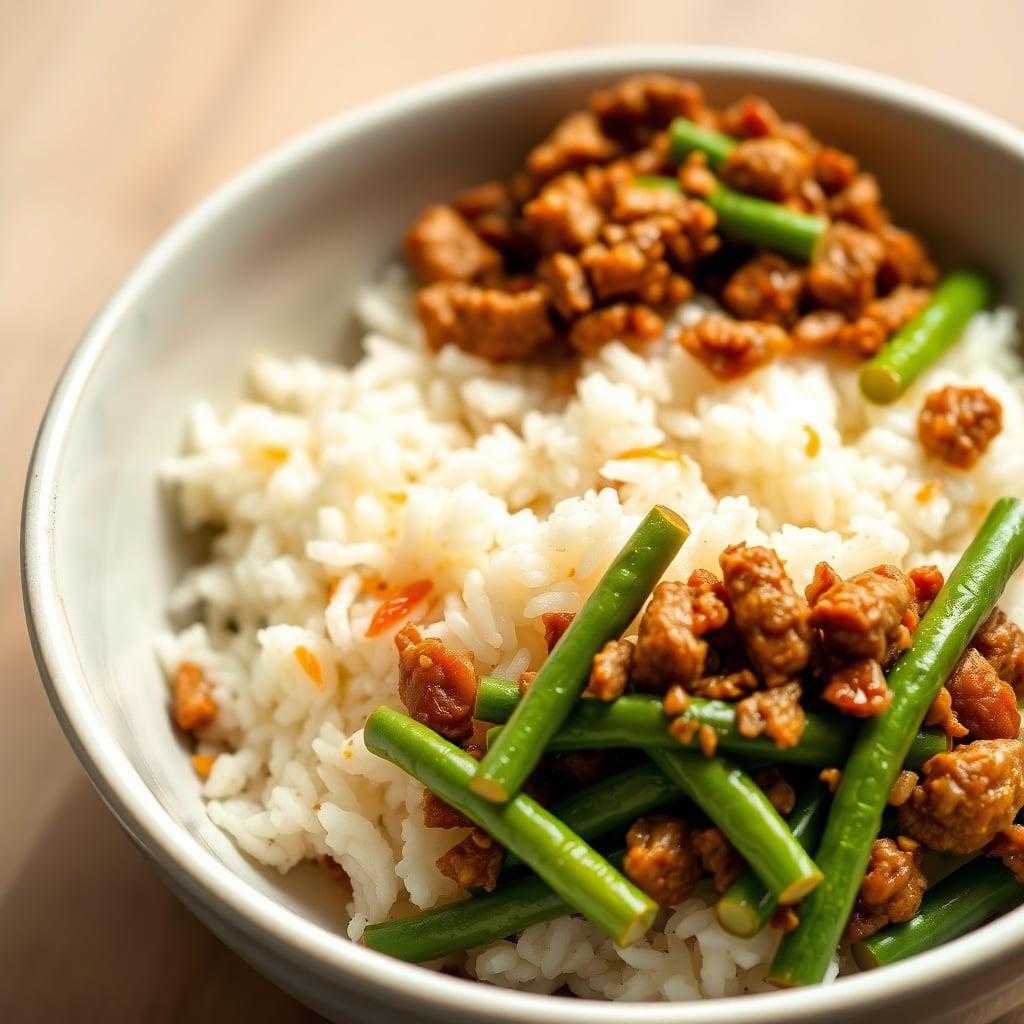 Leftover Hoisin Ground Pork with White Rice and Green Beans Leftover Hoisin Ground Pork with White Rice and Green Beans