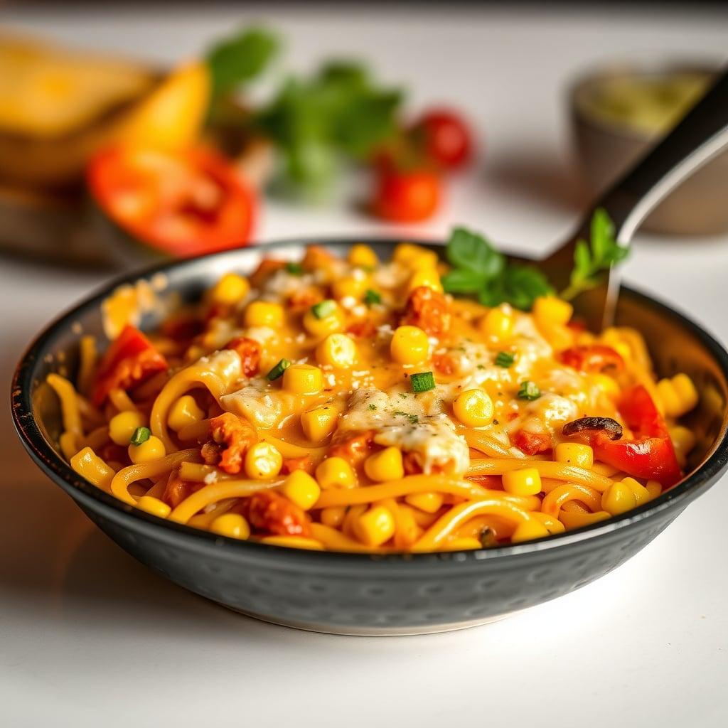 Cheesy Taco Pasta Skillet with Corn and Bell Peppers