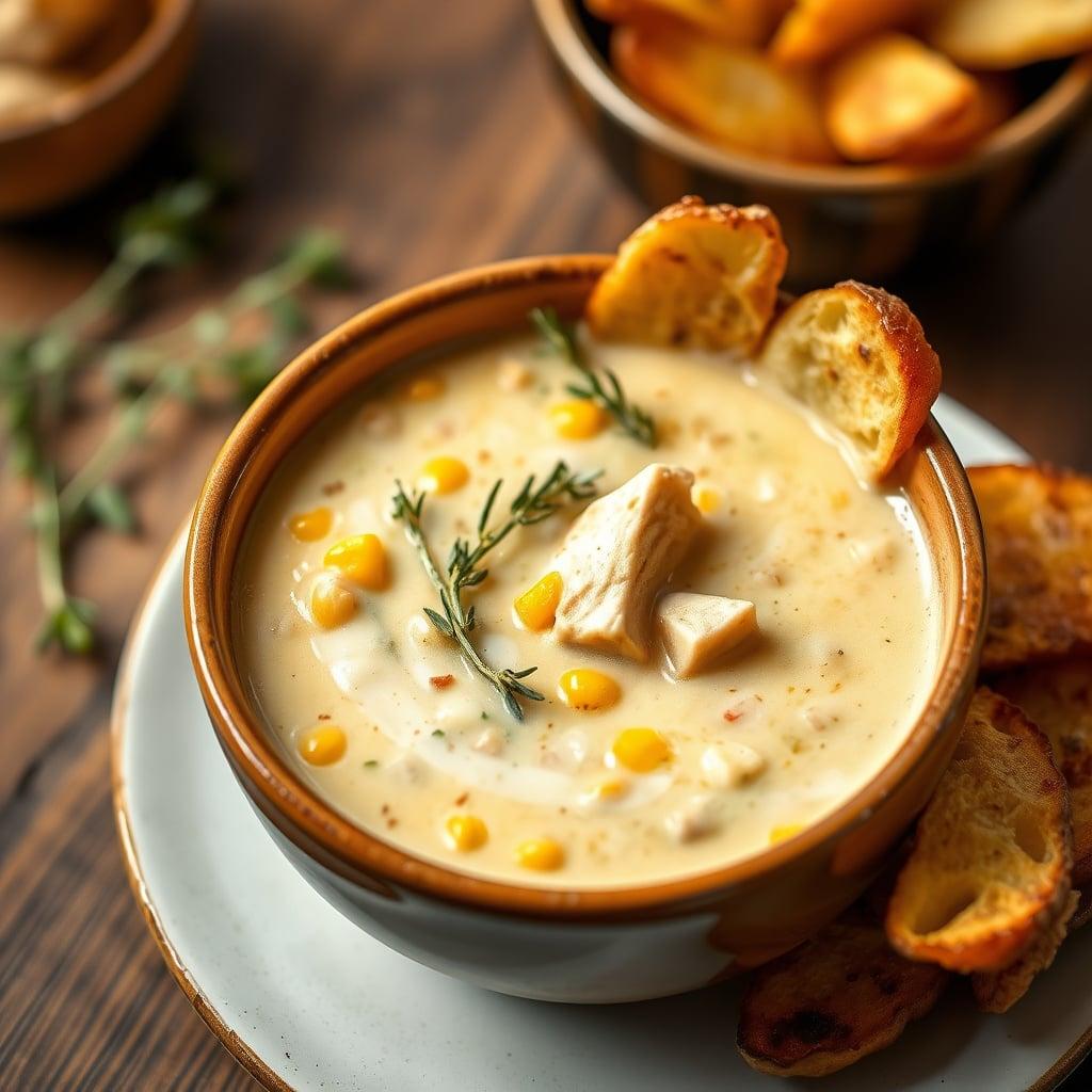 Creamy Chicken and Sweet Corn Chowder with Crispy Wedges Creamy Chicken and Sweet Corn Chowder with Crispy Wedges