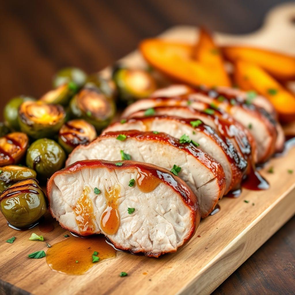 Honey-Garlic Glazed Pork Tenderloin with Roasted Sweet Potato Wedges and Balsamic Brussels Sprouts Honey-Garlic Glazed Pork Tenderloin with Roasted Sweet Potato Wedges and Balsamic Brussels Sprouts