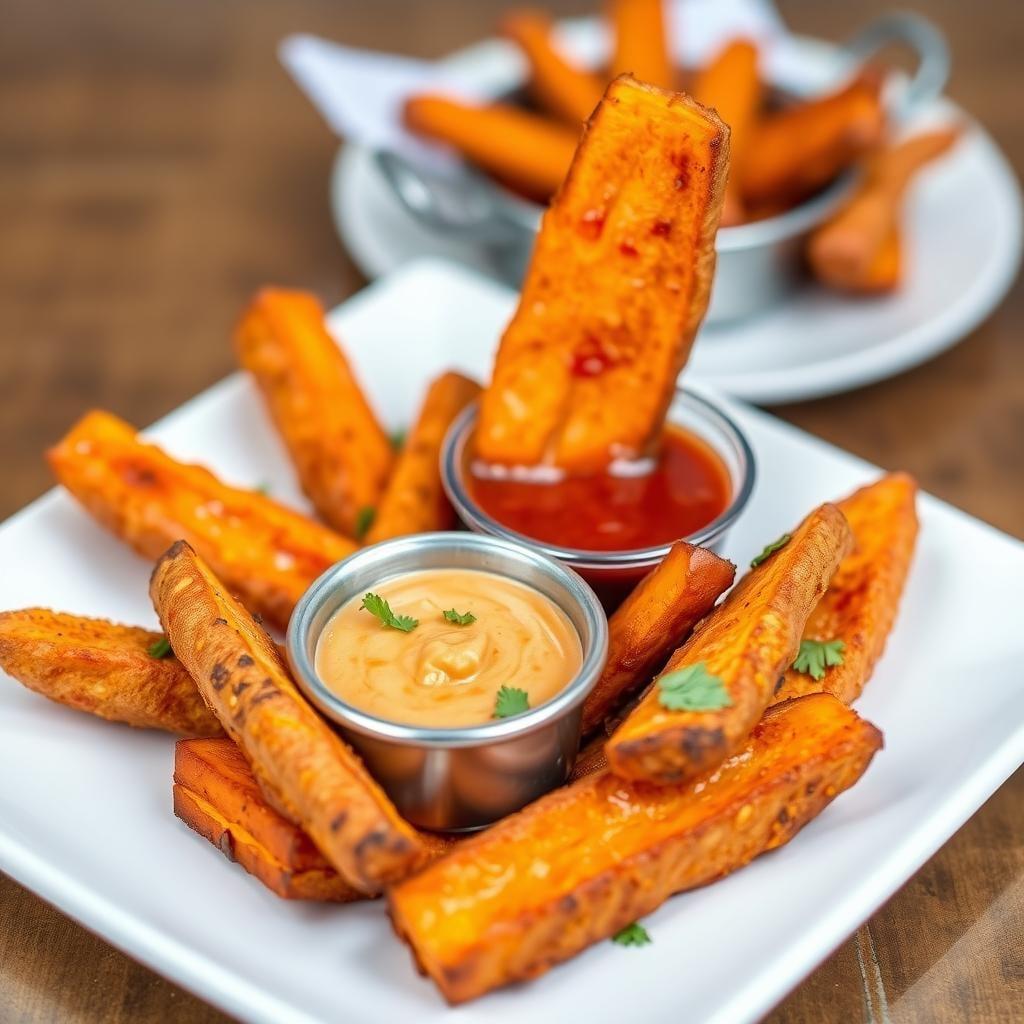 Crispy Baked Sweet Potato Wedges with Spicy Dipping Sauce Crispy Baked Sweet Potato Wedges with Spicy Dipping Sauce