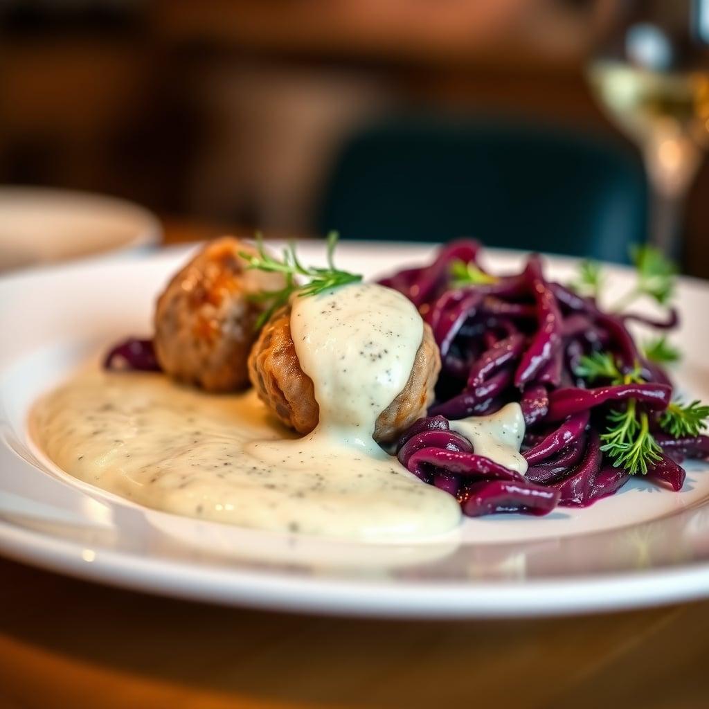 Swedish-Style Pork Meatballs with Creamy Dill Sauce and Braised Red Cabbage