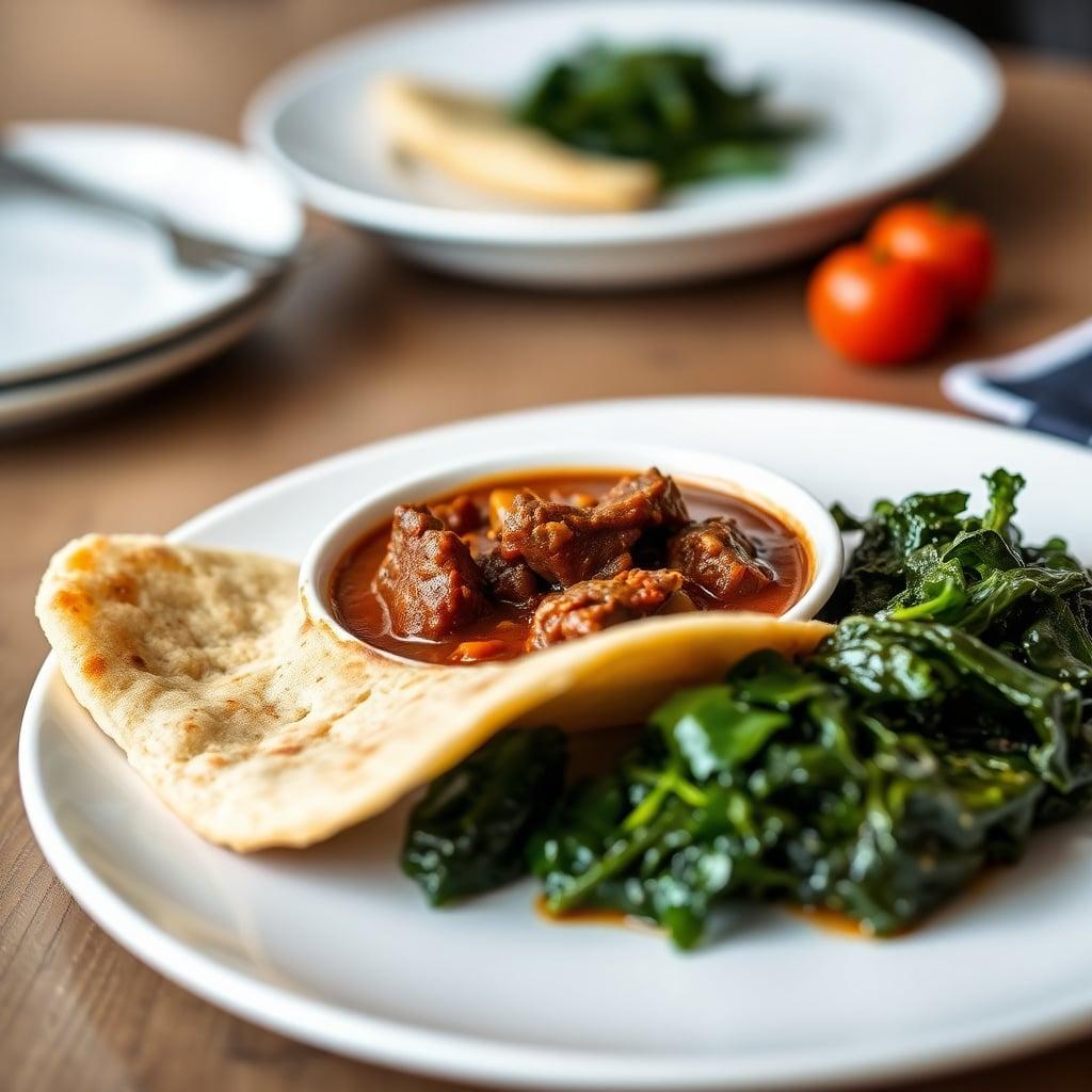 Berbere-Spiced Beef Stew with Teff Flatbread and Collard Greens