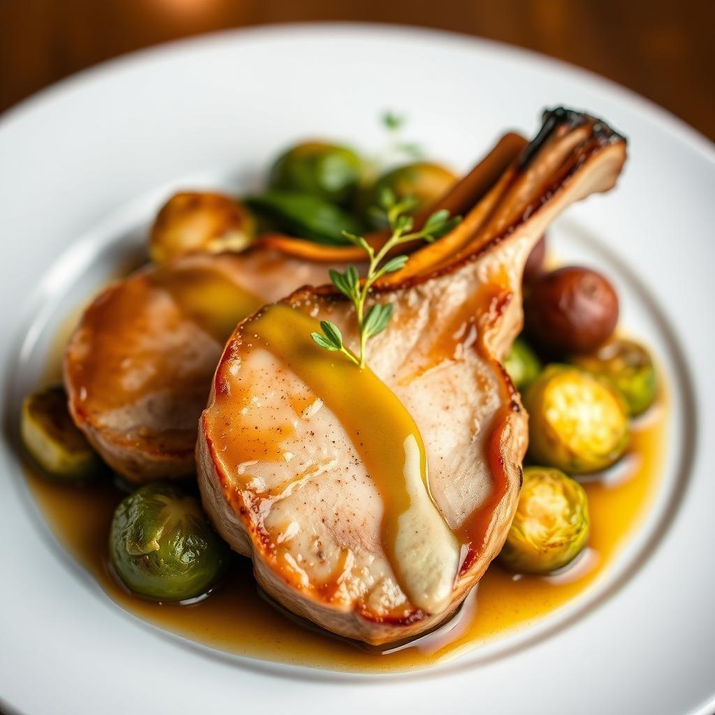 Honey Mustard Glazed Pork Chops with Roasted Brussels Sprouts Honey Mustard Glazed Pork Chops with Roasted Brussels Sprouts
