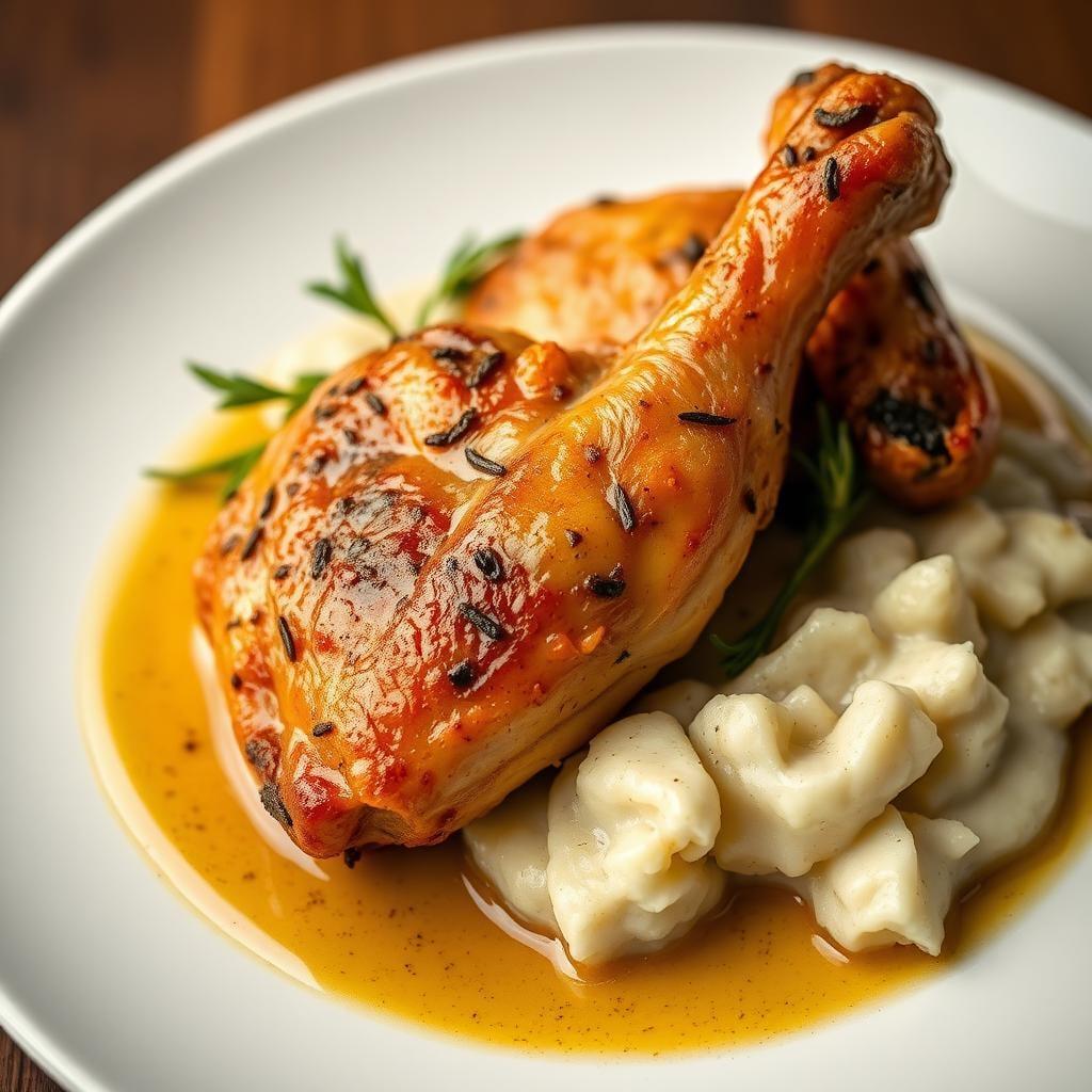 Herb-Roasted Chicken Thighs with Garlic Mashed Potatoes Herb-Roasted Chicken Thighs with Garlic Mashed Potatoes