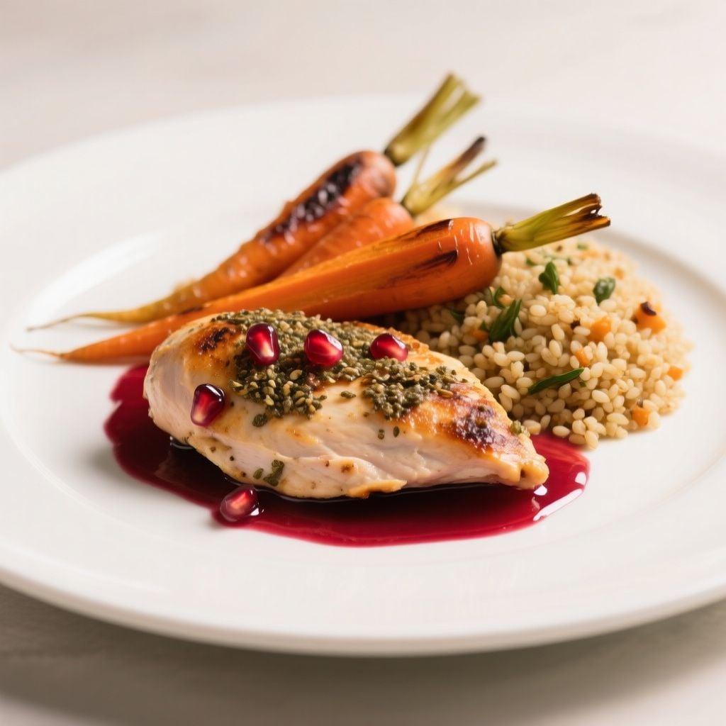Za'atar-Crusted Chicken Breast with Pomegranate Reduction, Roasted Carrots & Herbed Bulgur Pilaf Za'atar-Crusted Chicken Breast with Pomegranate Reduction, Roasted Carrots & Herbed Bulgur Pilaf