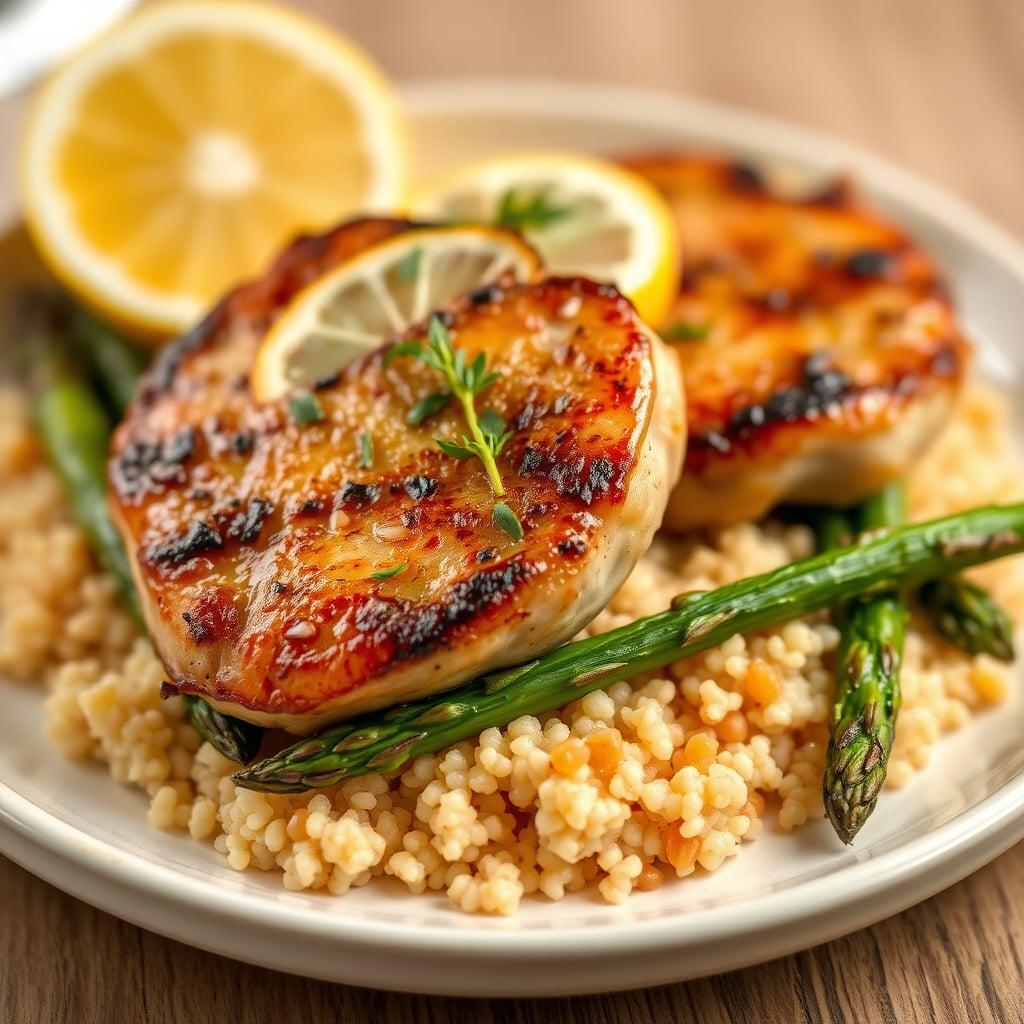 Mediterranean Lemon-Garlic Pork Chops with Couscous and Asparagus Mediterranean Lemon-Garlic Pork Chops with Couscous and Asparagus