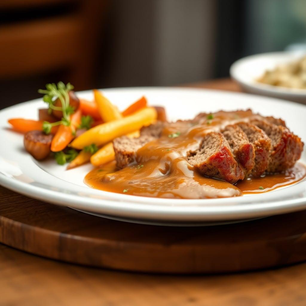Homestyle Meatloaf with Caramelized Onion Gravy, Buttery Carrots and Herb Roasted Potatoes