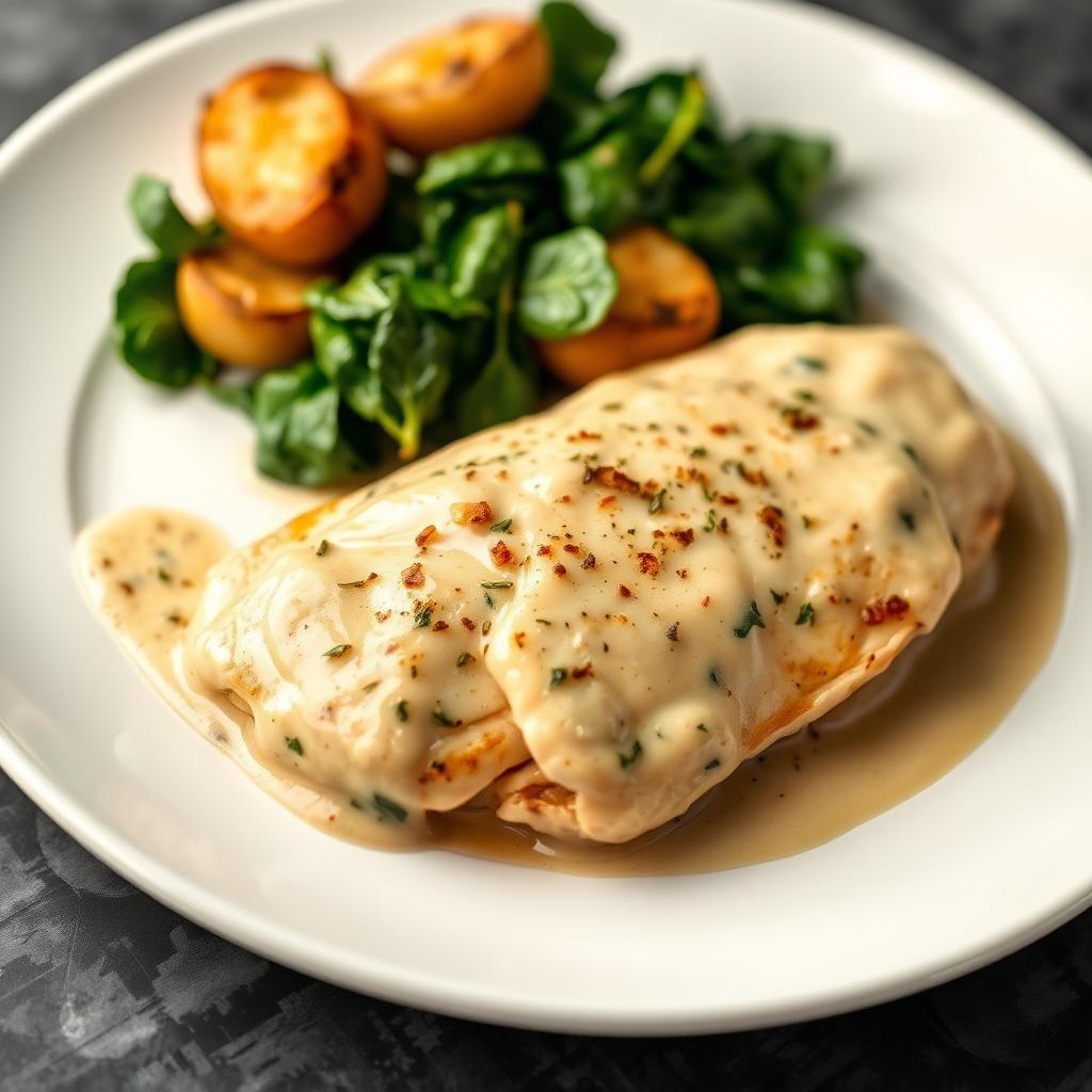 Creamy Garlic Chicken with Roasted Potatoes and Spinach Creamy Garlic Chicken with Roasted Potatoes and Spinach