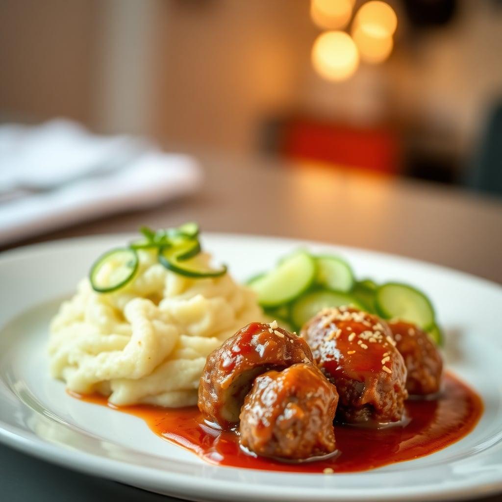 BBQ Meatballs with Mashed Potatoes and Cucumber Salad