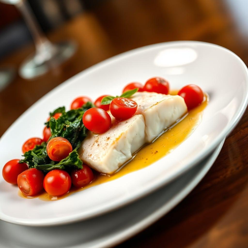 Pan-Seared Halibut with Blistered Cherry Tomatoes, Sautéed Kale, and Basil Emulsion Pan-Seared Halibut with Blistered Cherry Tomatoes, Sautéed Kale, and Basil Emulsion