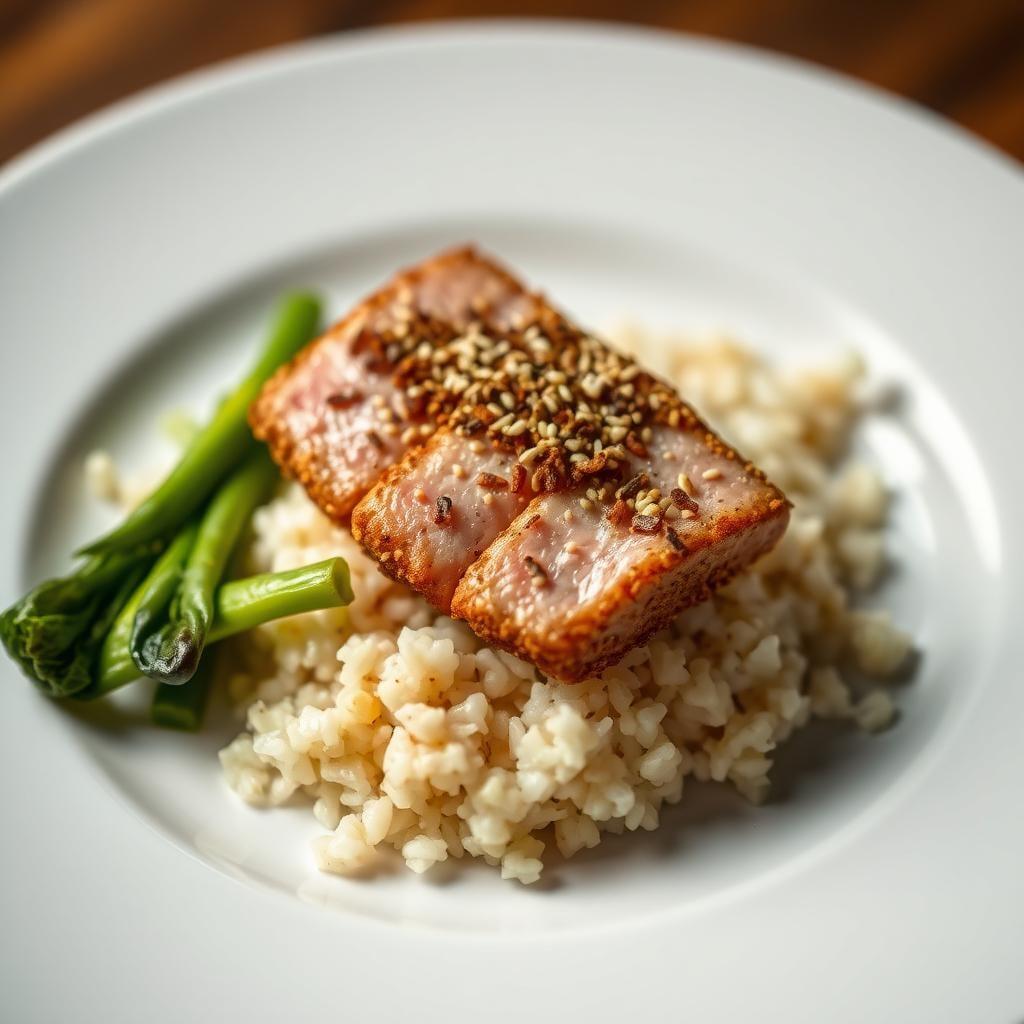Sesame-Crusted Tuna with Ginger Rice & Bok Choy (Leftover) Sesame-Crusted Tuna with Ginger Rice & Bok Choy (Leftover)