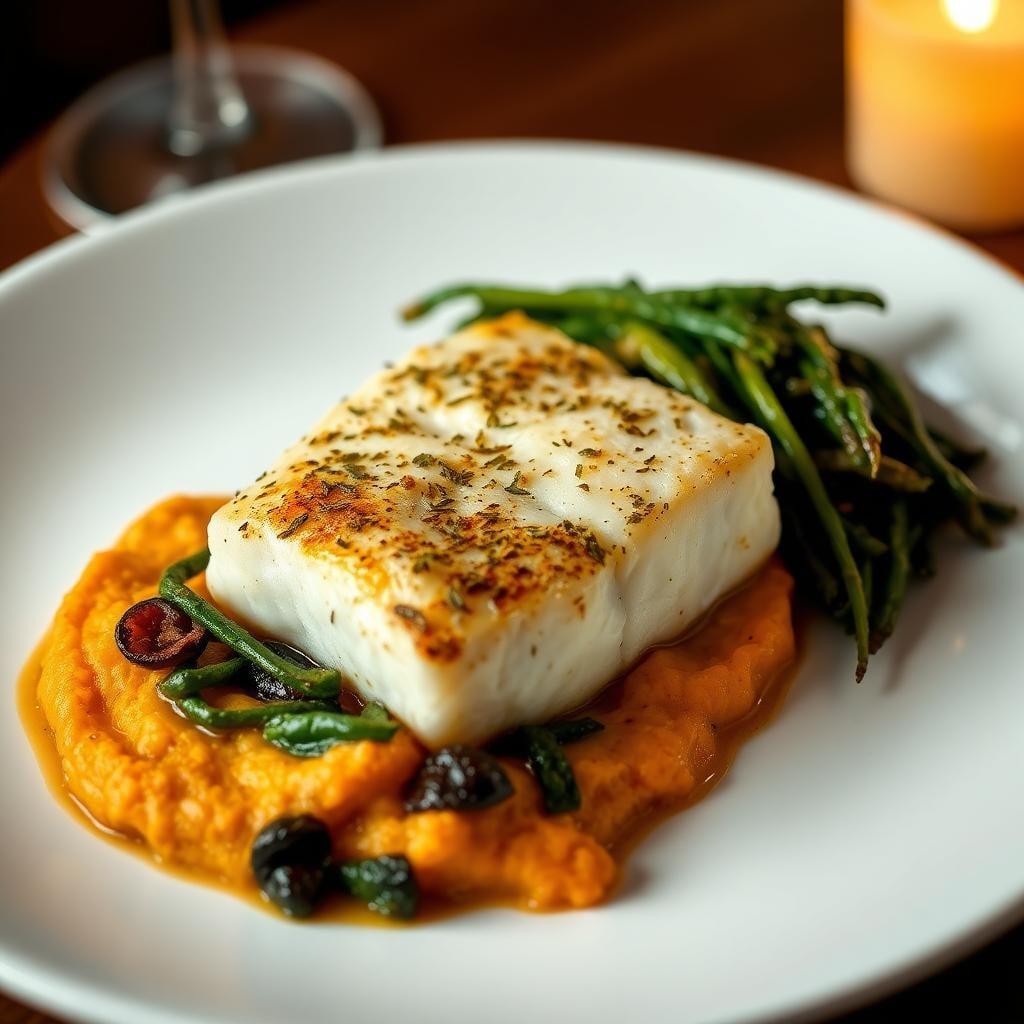 Garlic-Herb Roasted Cod with Sweet Potato Mash & Wilted Greens Garlic-Herb Roasted Cod with Sweet Potato Mash & Wilted Greens