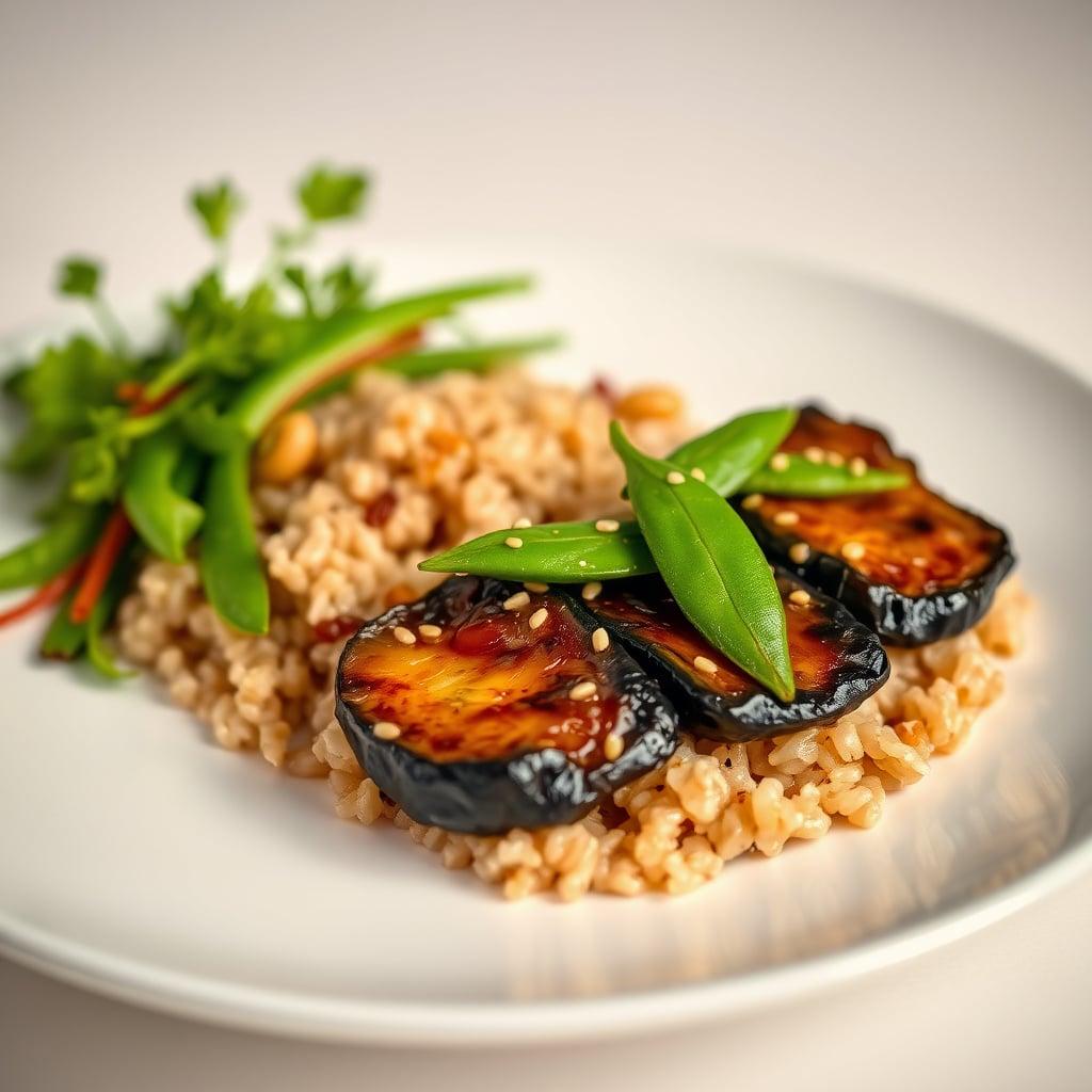 Miso-Glazed Eggplant with Brown Rice and Sesame Snap Peas