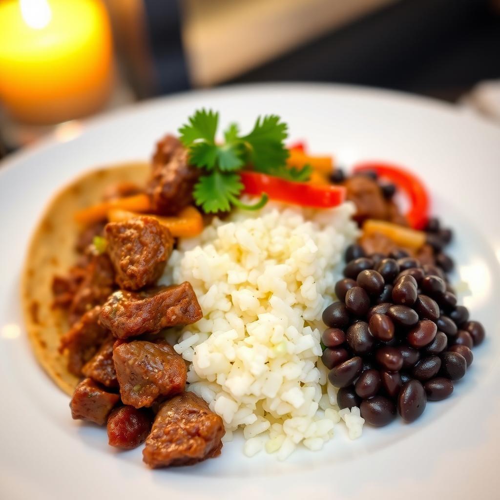 Beef Taco Bowl with Cilantro Rice, Black Beans, and Peppers