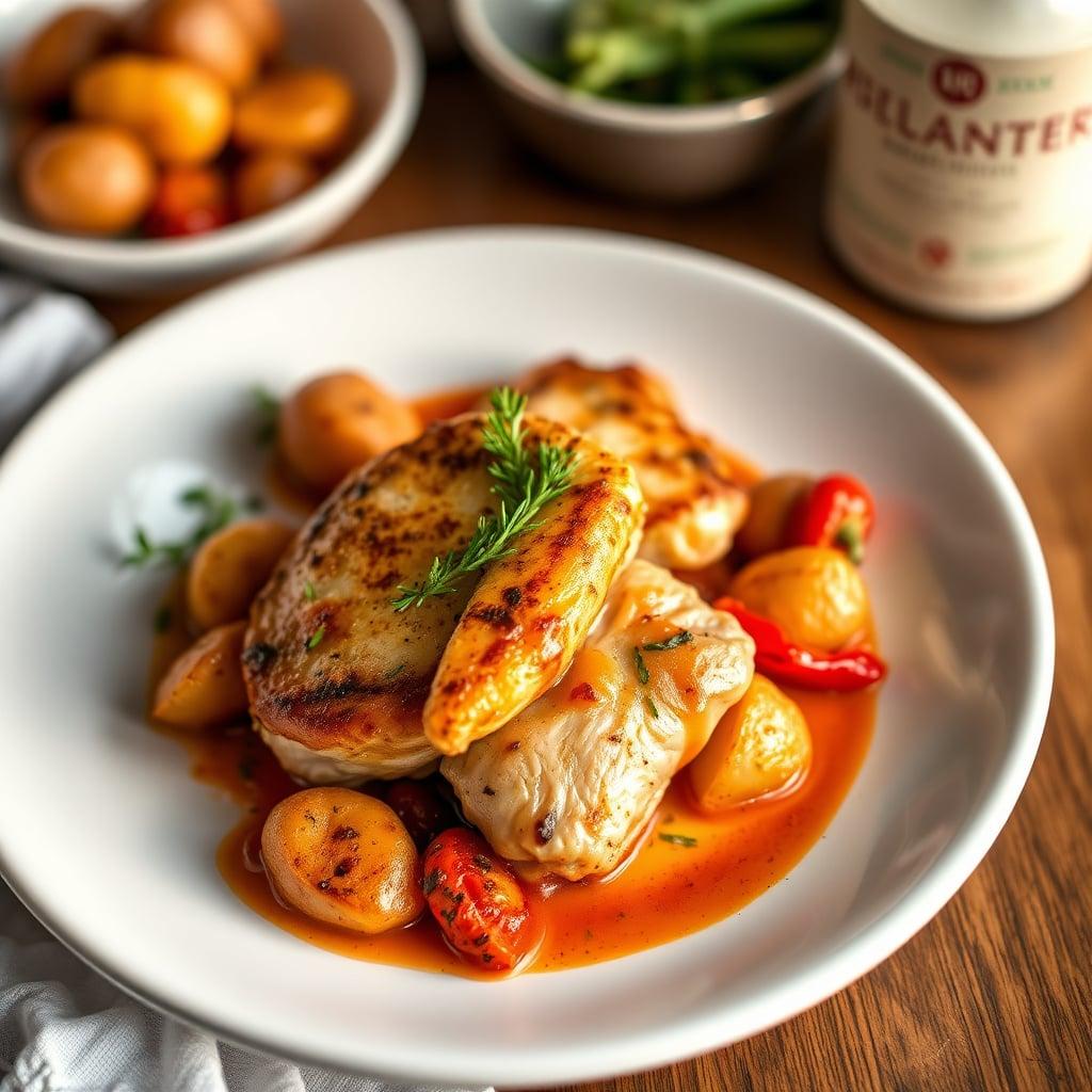Pan-Seared Chicken with Crispy Smashed Potatoes and Romesco Sauce Pan-Seared Chicken with Crispy Smashed Potatoes and Romesco Sauce